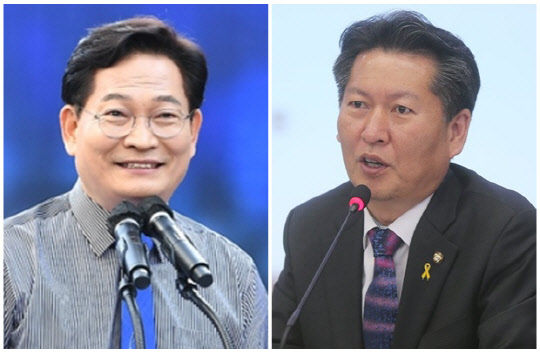 송영길(왼쪽) 전 더불어민주당 대표와 정청래 민주당 의원. <연합뉴스>